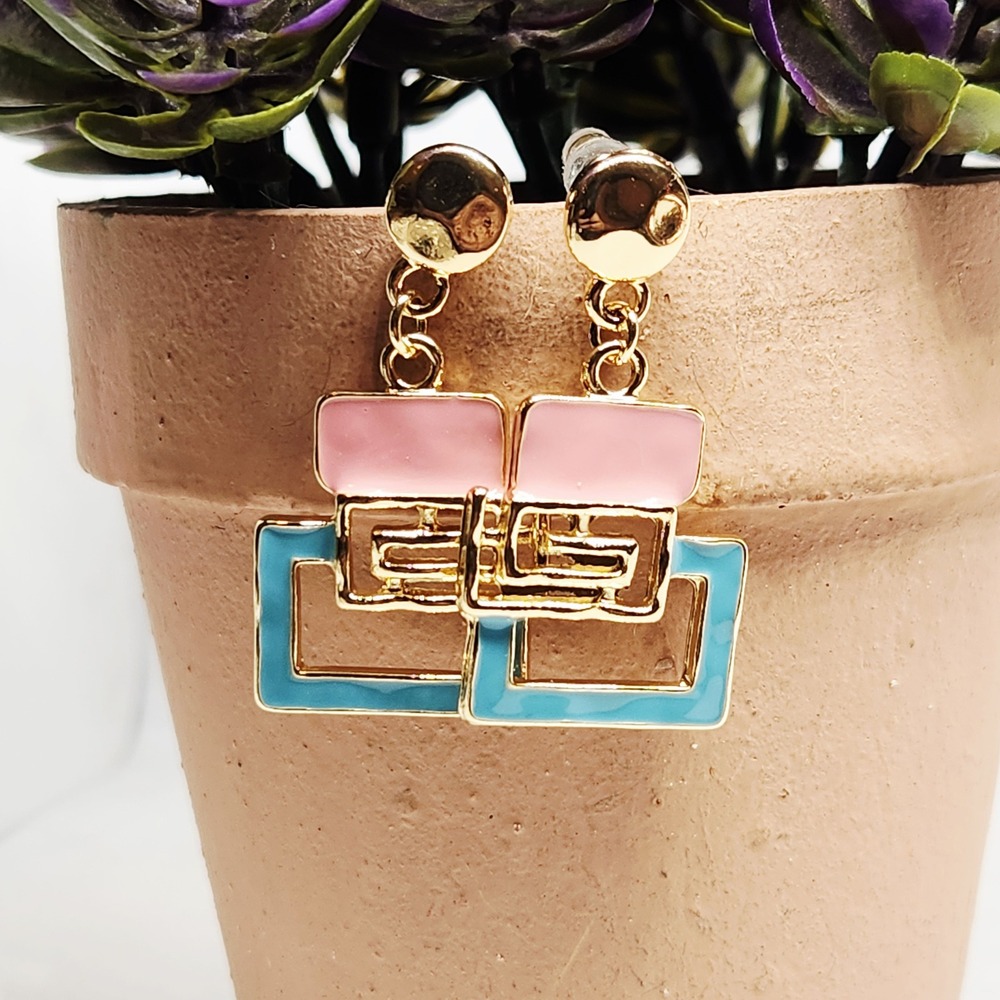 Gold Tone Pink Blue Enamel Geometric Rectangular Drop Dangle Earrings Women